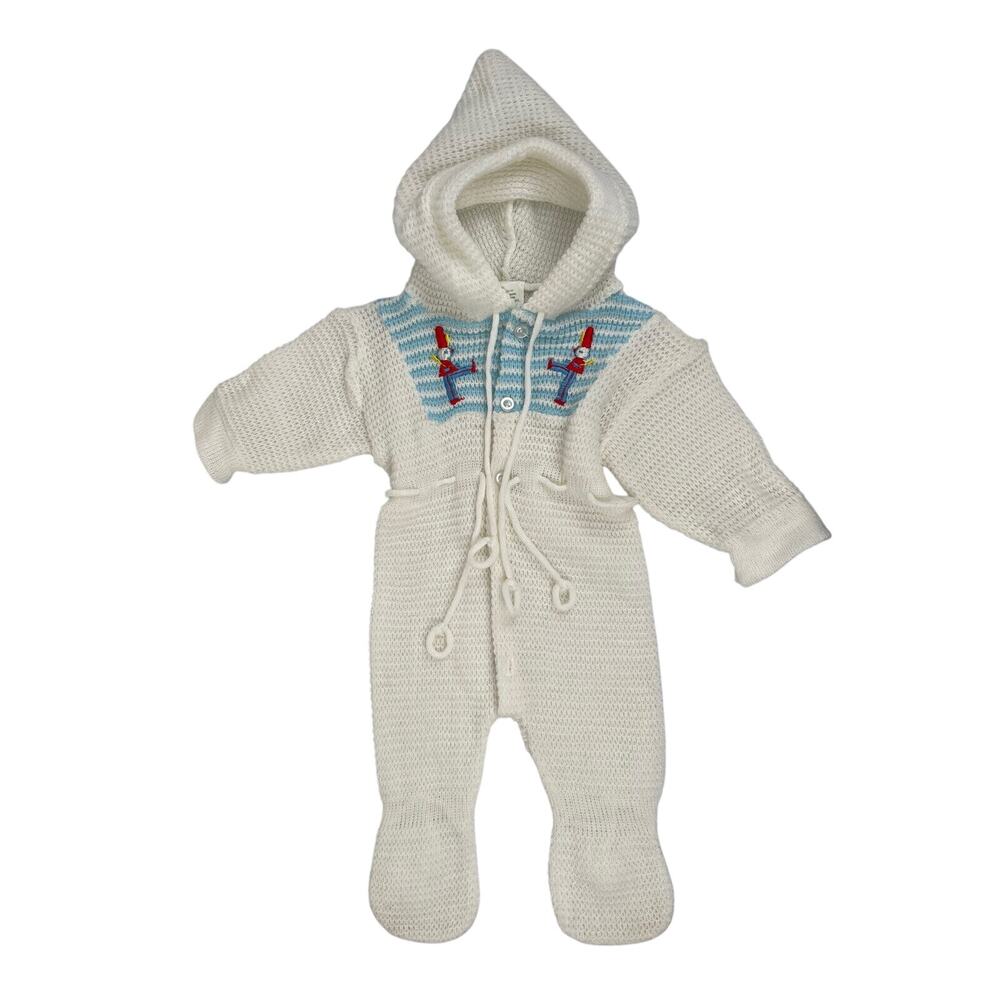 Vintage Sears Baby Knit One Piece White & Blue w/Hood & Drummer Detail EUC